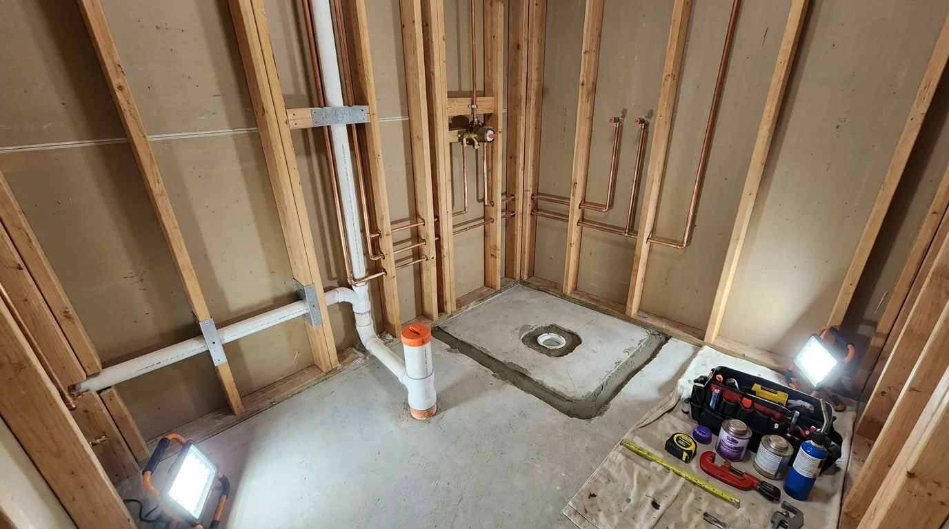 Bathroom rough-in plumbing during remodel by Johns Plumbing LLC in Dixon